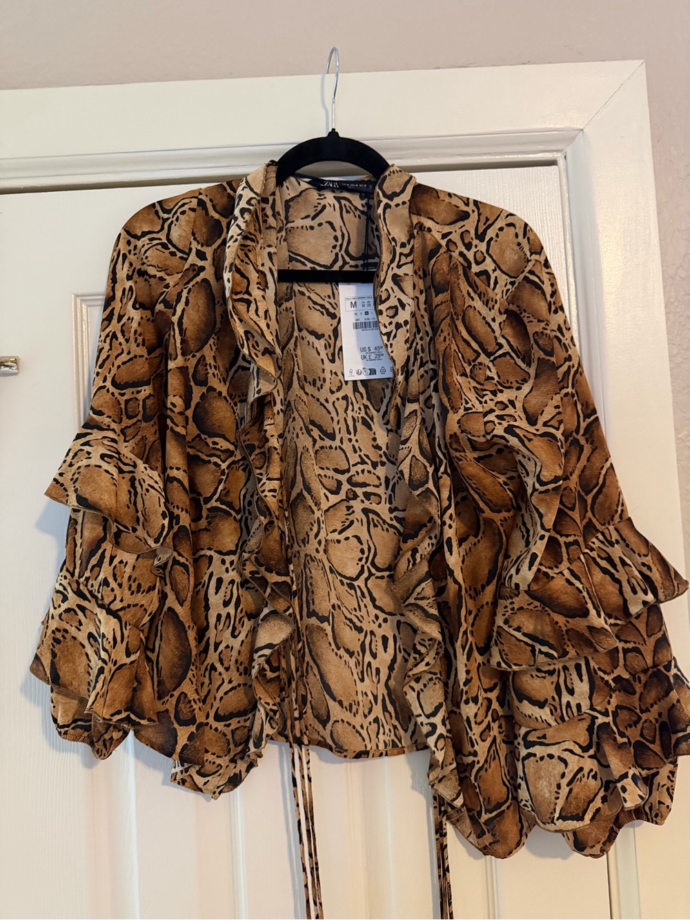 Zara Brown Snake-Print Ruffle Tunic
